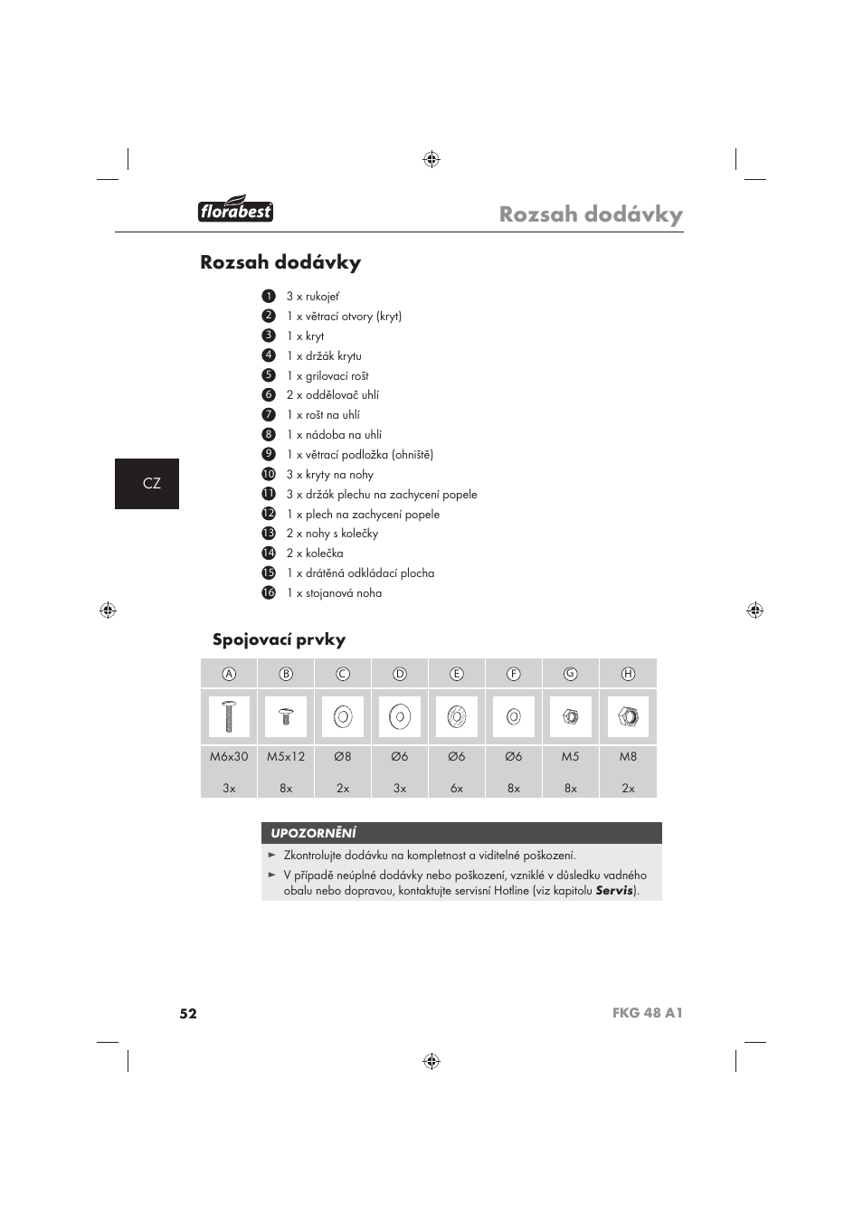 Rozsah dodávky, Spojovací prvky | Florabest FKG 48 A1 User Manual | Page 54 / 86