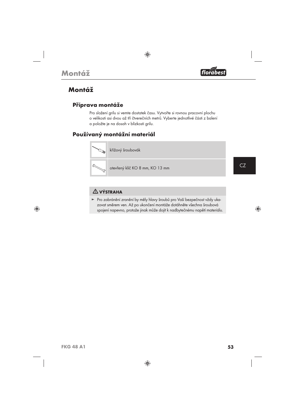 Montáž, Příprava montáže, Používaný montážní materiál | Florabest FKG 48 A1 User Manual | Page 55 / 86