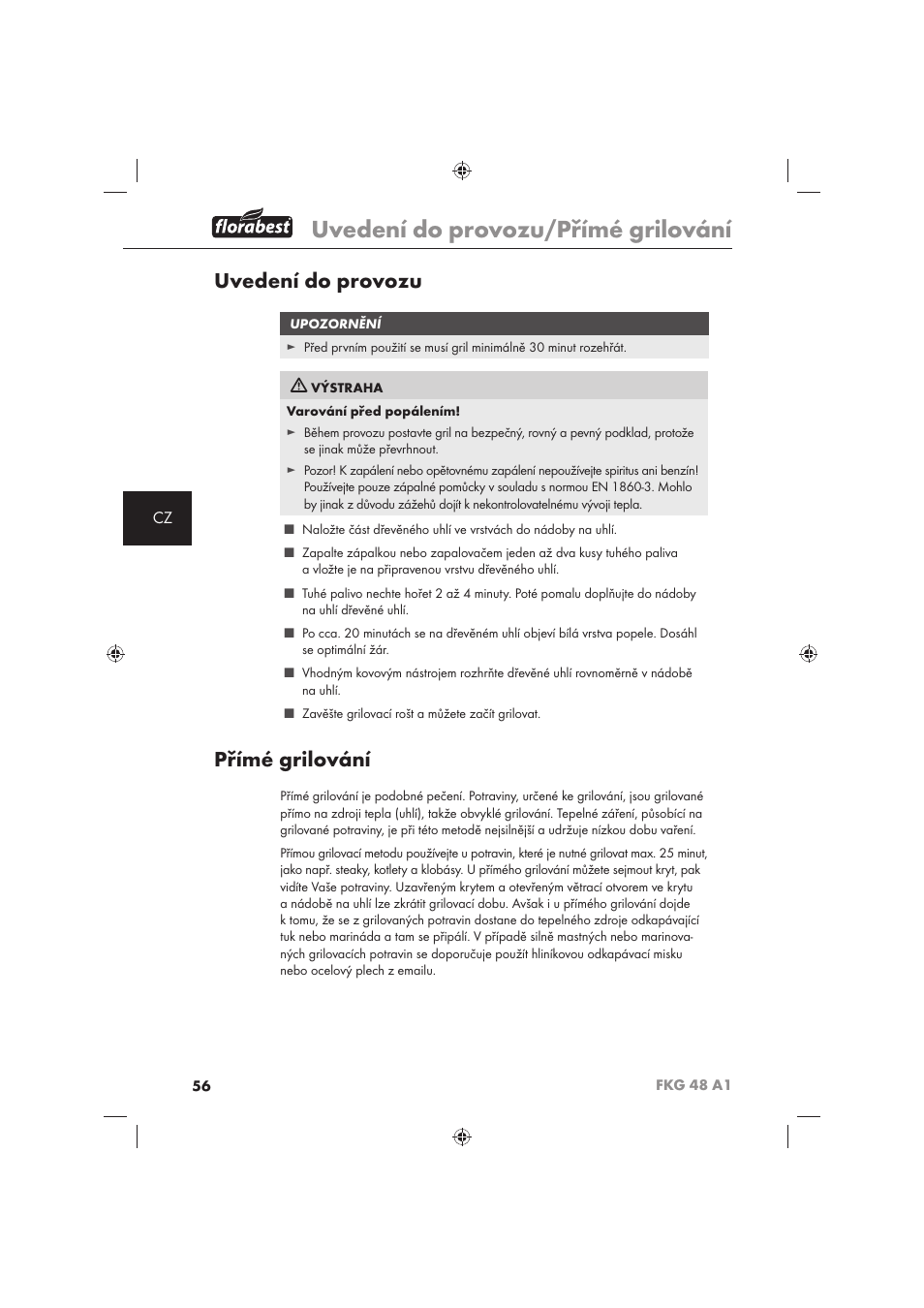 Uvedení do provozu/přímé grilování, Uvedení do provozu, Přímé grilování | Florabest FKG 48 A1 User Manual | Page 58 / 86