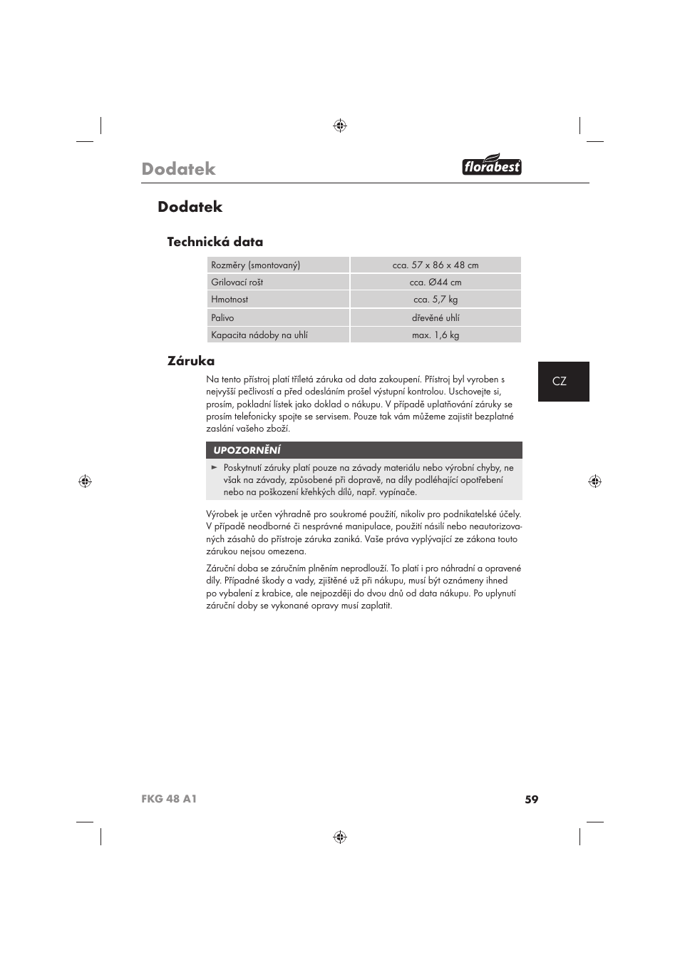 Dodatek, Technická data, Záruka | Florabest FKG 48 A1 User Manual | Page 61 / 86