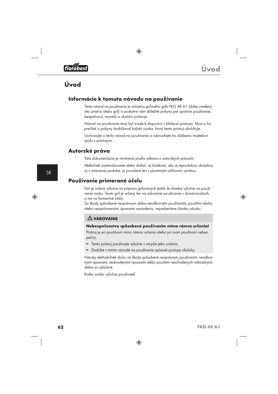 Úvod, Informácie k tomuto návodu na používanie, Autorské práva | Používanie primerané účelu | Florabest FKG 48 A1 User Manual | Page 64 / 86