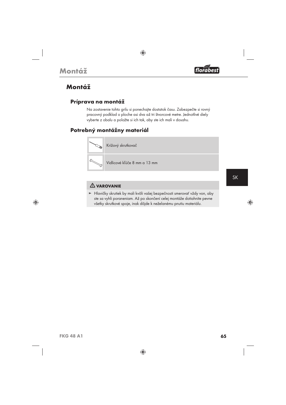 Montáž, Príprava na montáž, Potrebný montážny materiál | Florabest FKG 48 A1 User Manual | Page 67 / 86