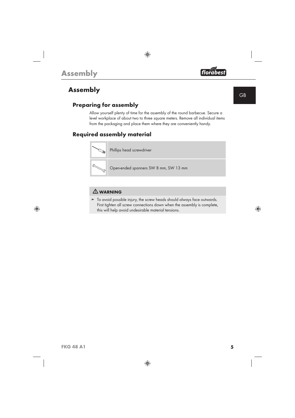 Assembly, Preparing for assembly, Required assembly material | Florabest FKG 48 A1 User Manual | Page 7 / 86