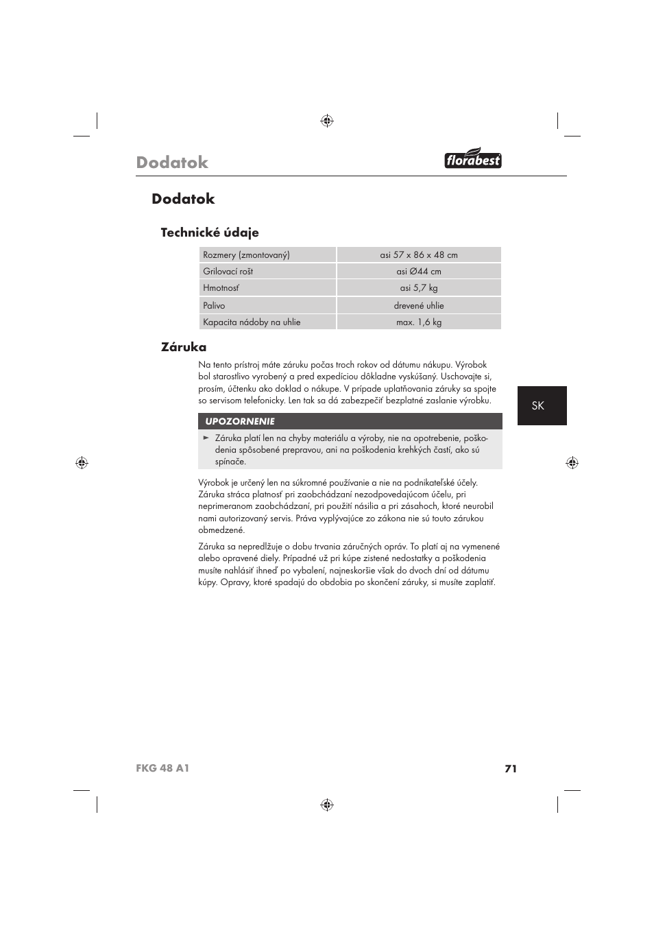 Dodatok, Technické údaje, Záruka | Florabest FKG 48 A1 User Manual | Page 73 / 86