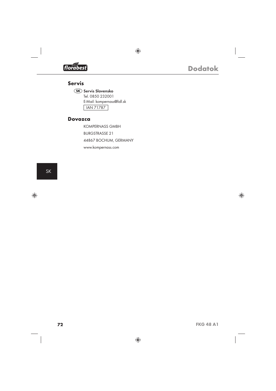 Dodatok, Servis, Dovozca | Florabest FKG 48 A1 User Manual | Page 74 / 86