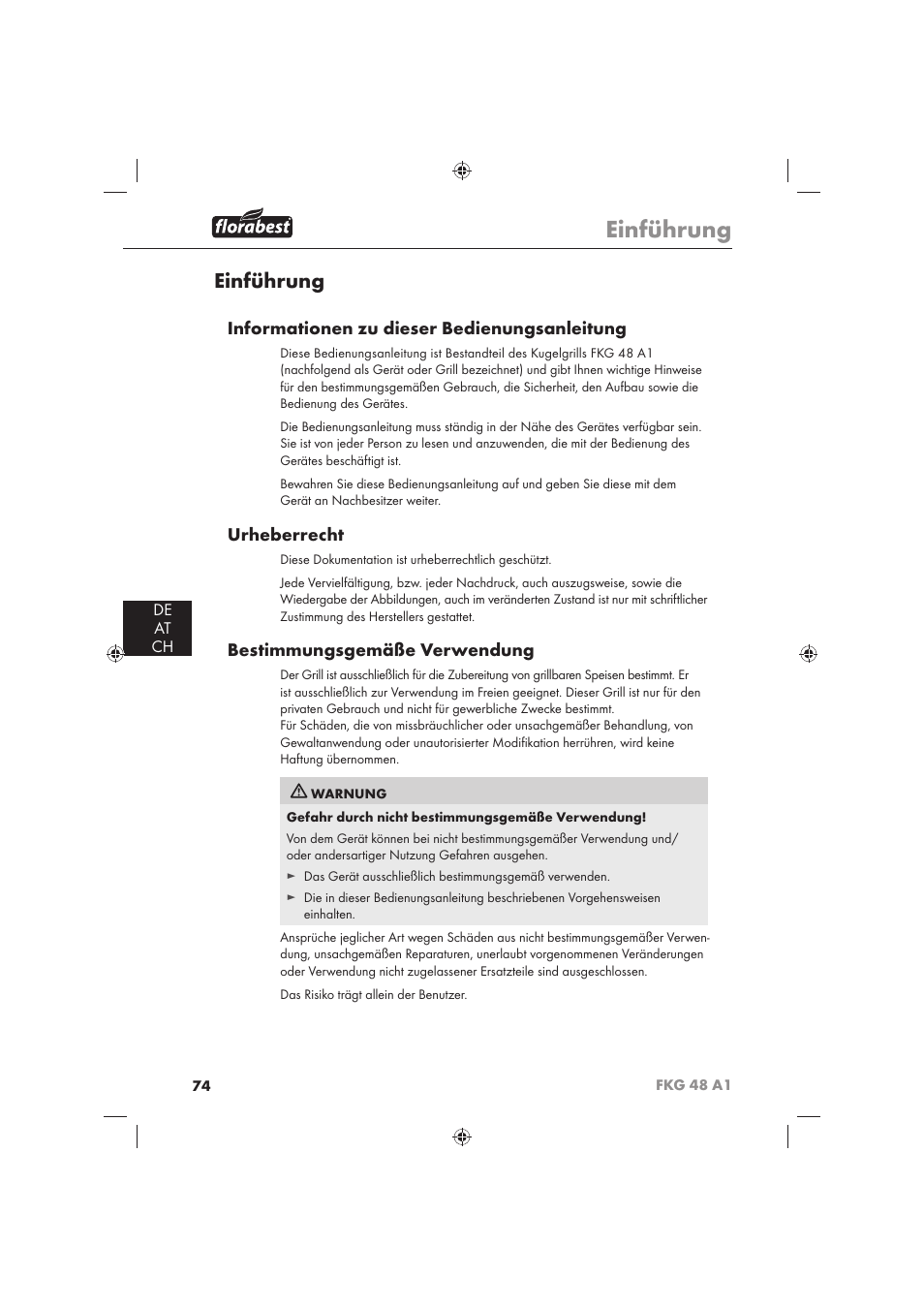Einführung, Informationen zu dieser bedienungsanleitung, Urheberrecht | Bestimmungsgemäße verwendung, De at ch | Florabest FKG 48 A1 User Manual | Page 76 / 86