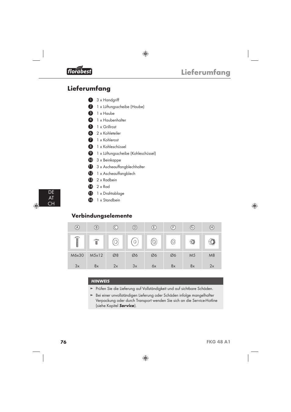 Lieferumfang, Verbindungselemente, De at ch | Florabest FKG 48 A1 User Manual | Page 78 / 86