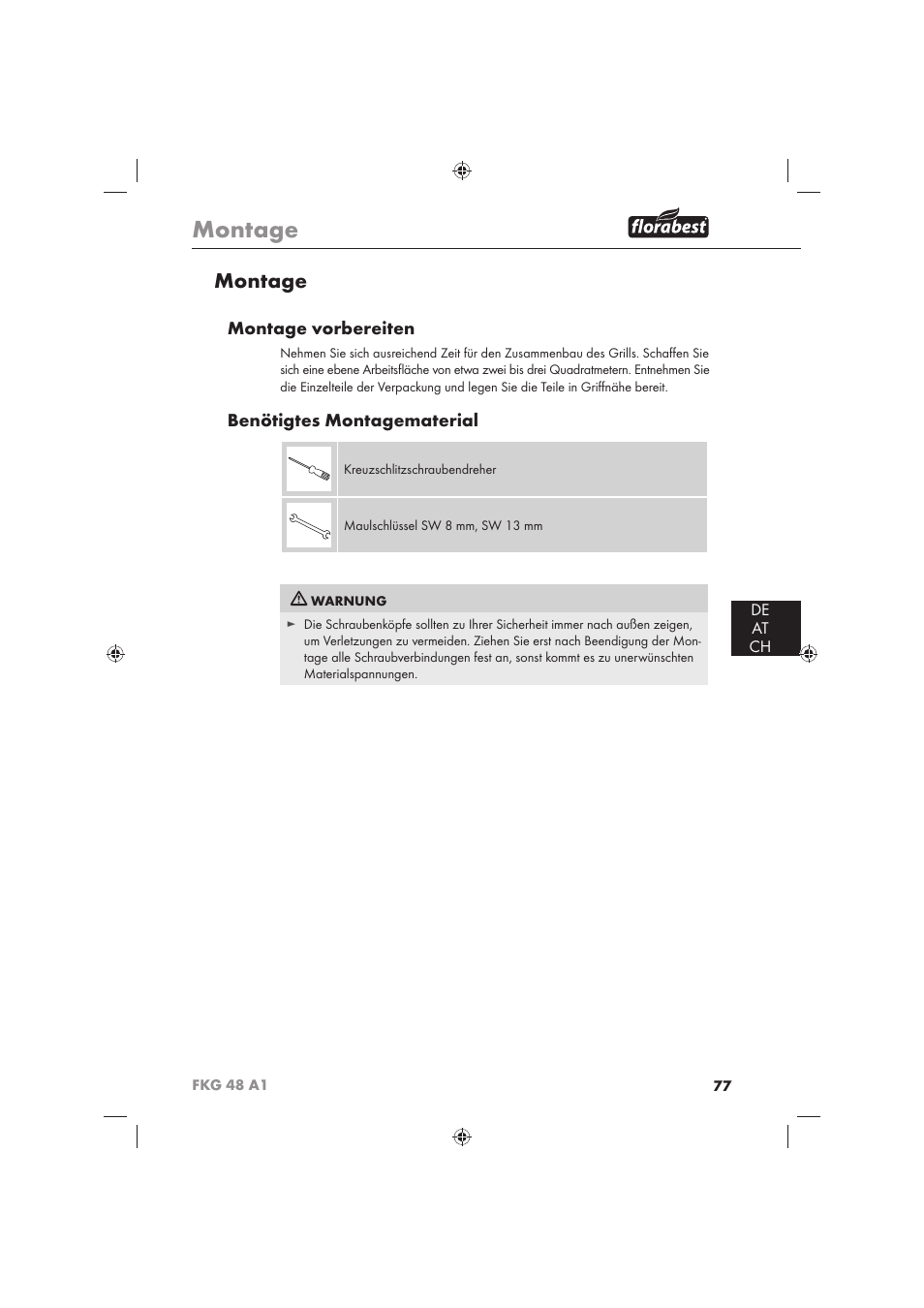 Montage, Montage vorbereiten, Benötigtes montagematerial | De at ch | Florabest FKG 48 A1 User Manual | Page 79 / 86