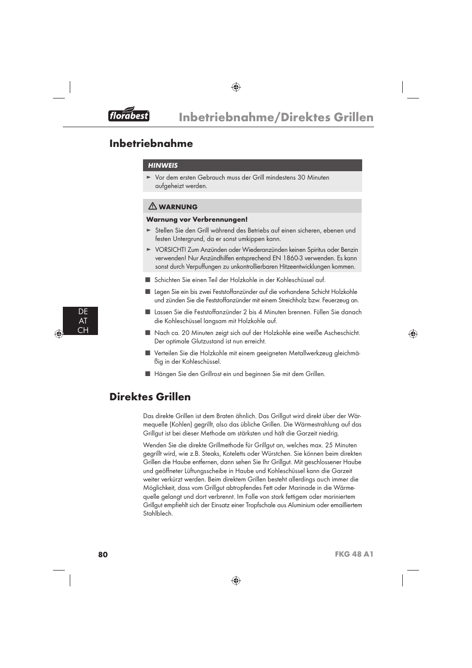 Inbetriebnahme/direktes grillen, Inbetriebnahme, Direktes grillen | De at ch | Florabest FKG 48 A1 User Manual | Page 82 / 86