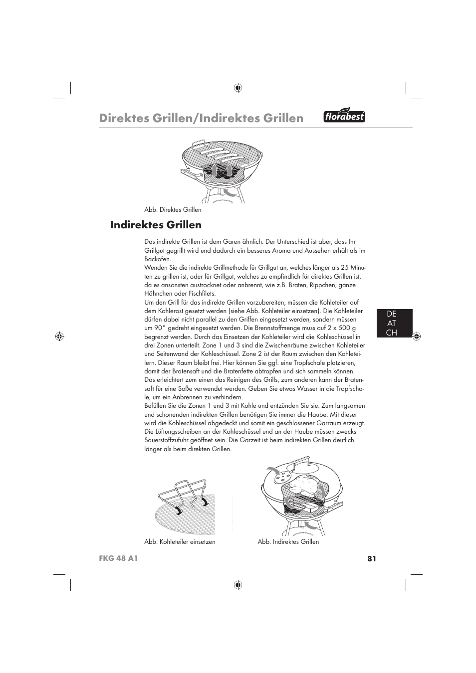 Direktes grillen/indirektes grillen, Indirektes grillen, De at ch | Florabest FKG 48 A1 User Manual | Page 83 / 86