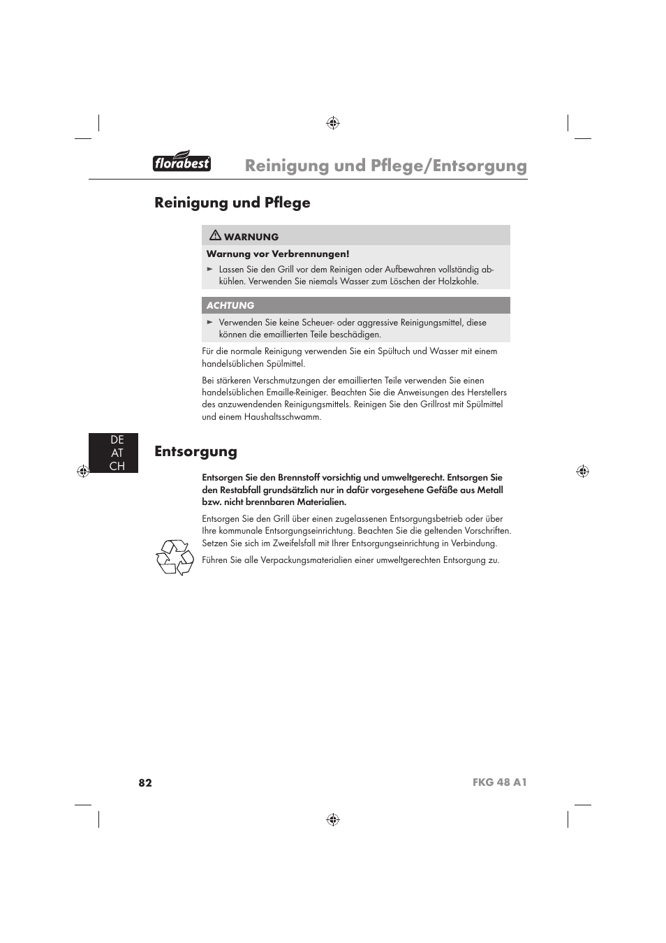 Reinigung und pﬂ ege/entsorgung, Reinigung und pﬂ ege, Entsorgung | De at ch | Florabest FKG 48 A1 User Manual | Page 84 / 86