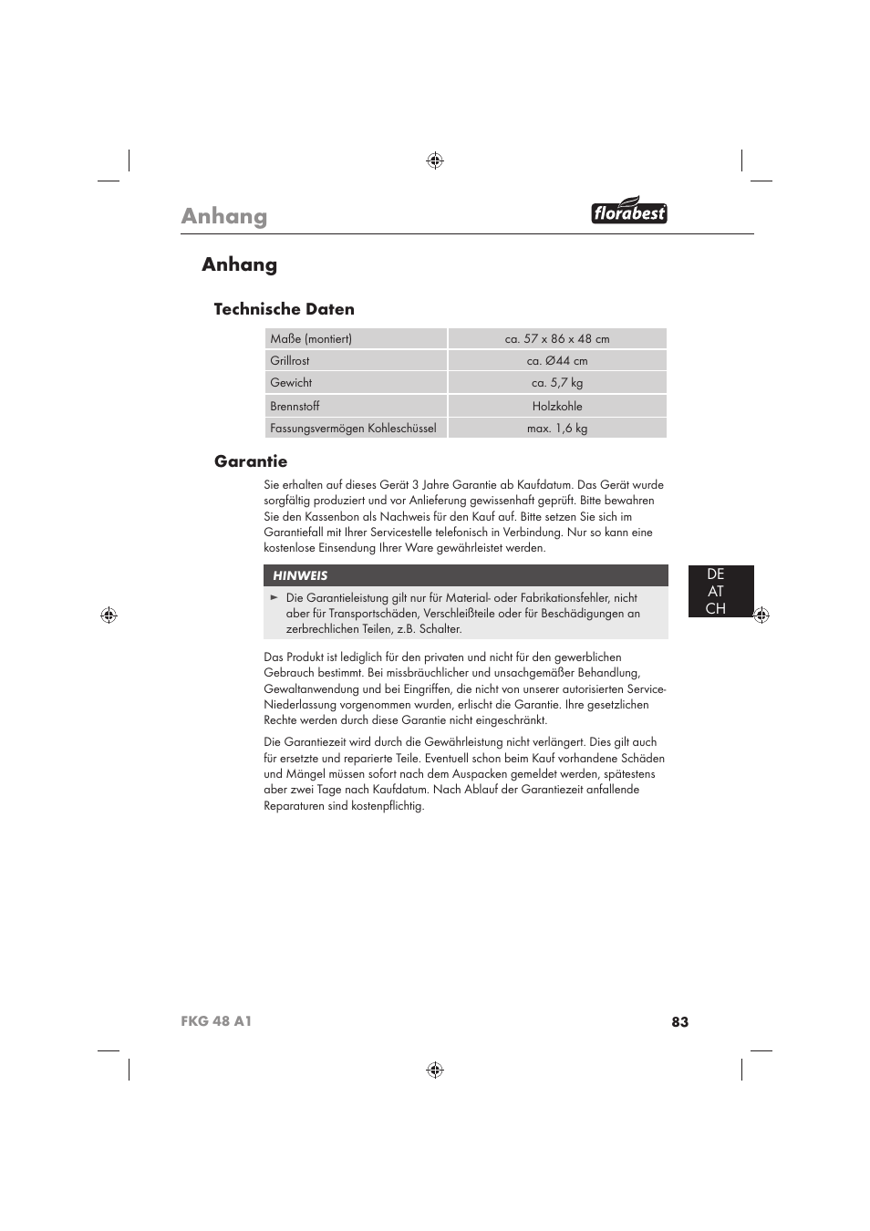Anhang, Technische daten, Garantie | De at ch | Florabest FKG 48 A1 User Manual | Page 85 / 86
