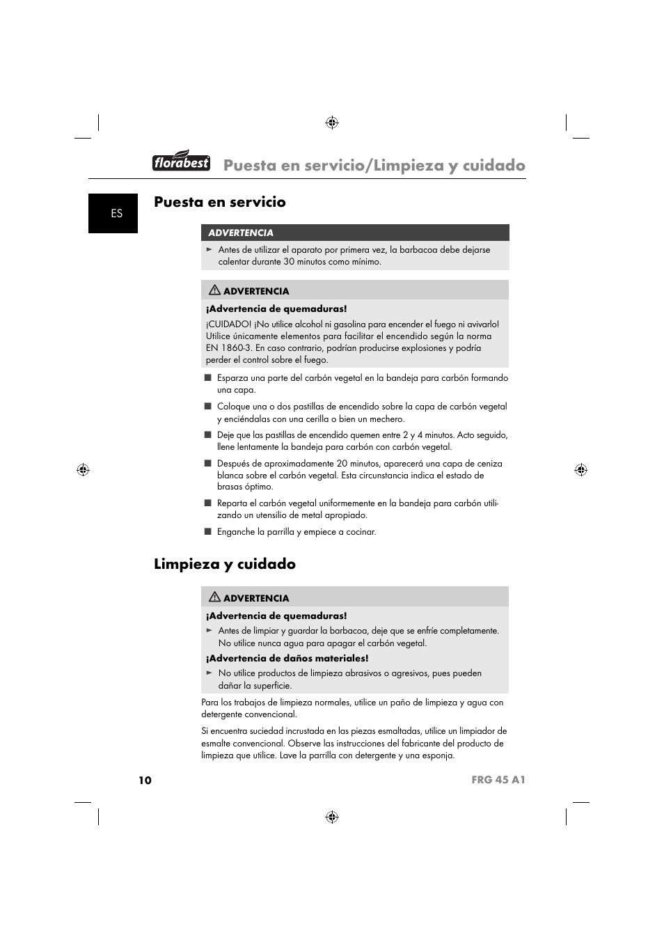 Puesta en servicio/limpieza y cuidado, Puesta en servicio, Limpieza y cuidado | Florabest FRG 45 A1 User Manual | Page 12 / 62
