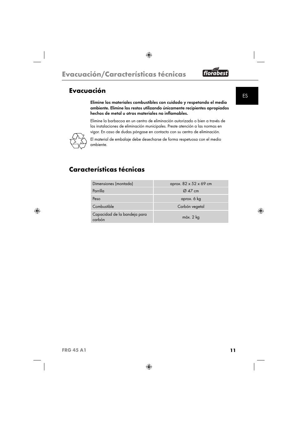 Evacuación/características técnicas, Evacuación, Características técnicas | Florabest FRG 45 A1 User Manual | Page 13 / 62