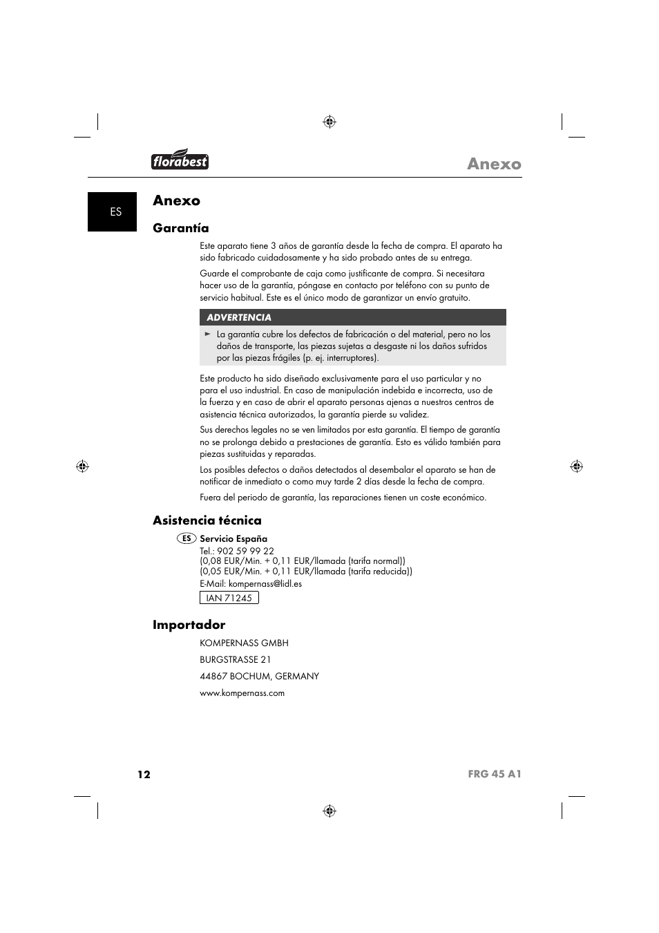 Anexo, Garantía, Asistencia técnica | Importador | Florabest FRG 45 A1 User Manual | Page 14 / 62