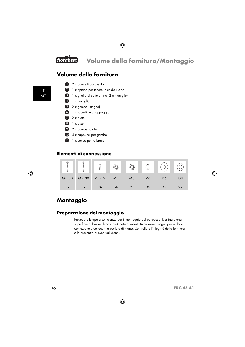 Volume della fornitura/montaggio, Volume della fornitura, Montaggio | Elementi di connessione, Preparazione del montaggio, It mt | Florabest FRG 45 A1 User Manual | Page 18 / 62