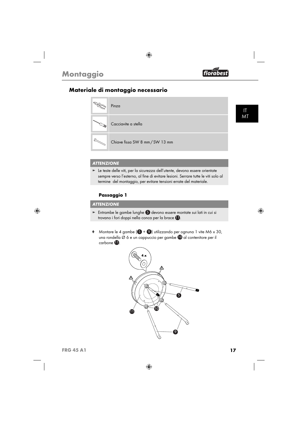 Montaggio, Materiale di montaggio necessario, It mt | Florabest FRG 45 A1 User Manual | Page 19 / 62