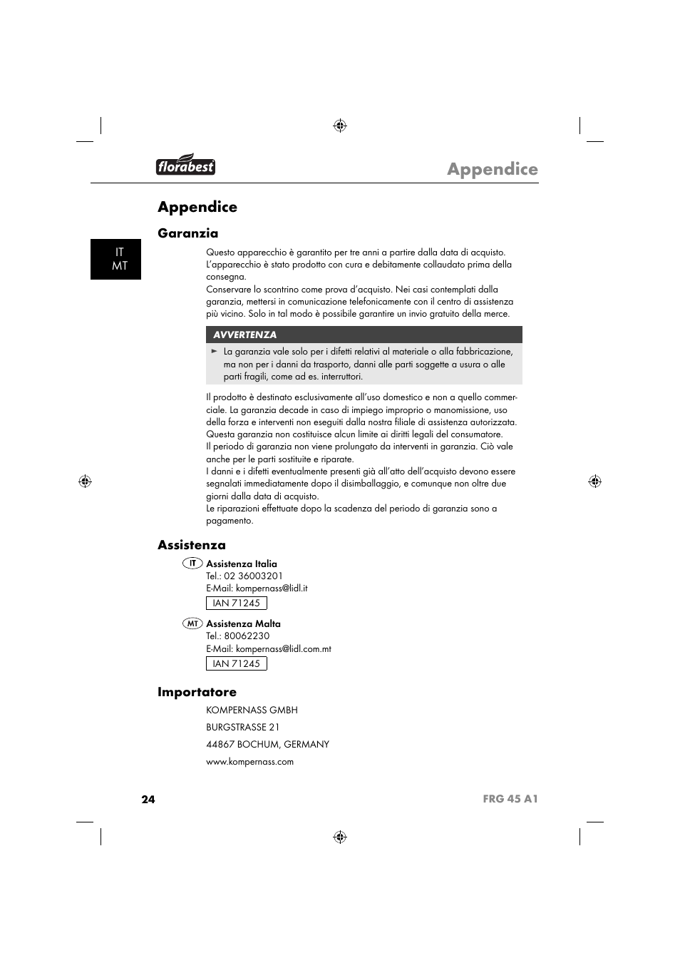 Appendice, Garanzia, Assistenza | Importatore, It mt | Florabest FRG 45 A1 User Manual | Page 26 / 62