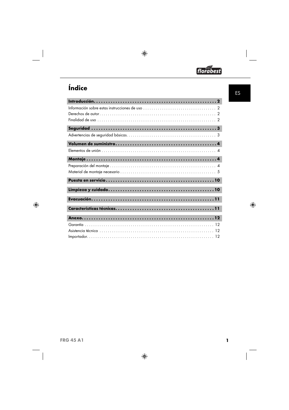 Índice | Florabest FRG 45 A1 User Manual | Page 3 / 62