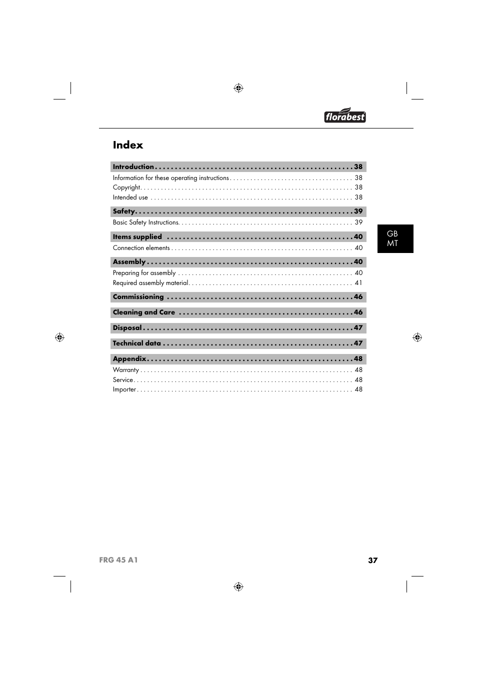 Index, Gb mt | Florabest FRG 45 A1 User Manual | Page 39 / 62