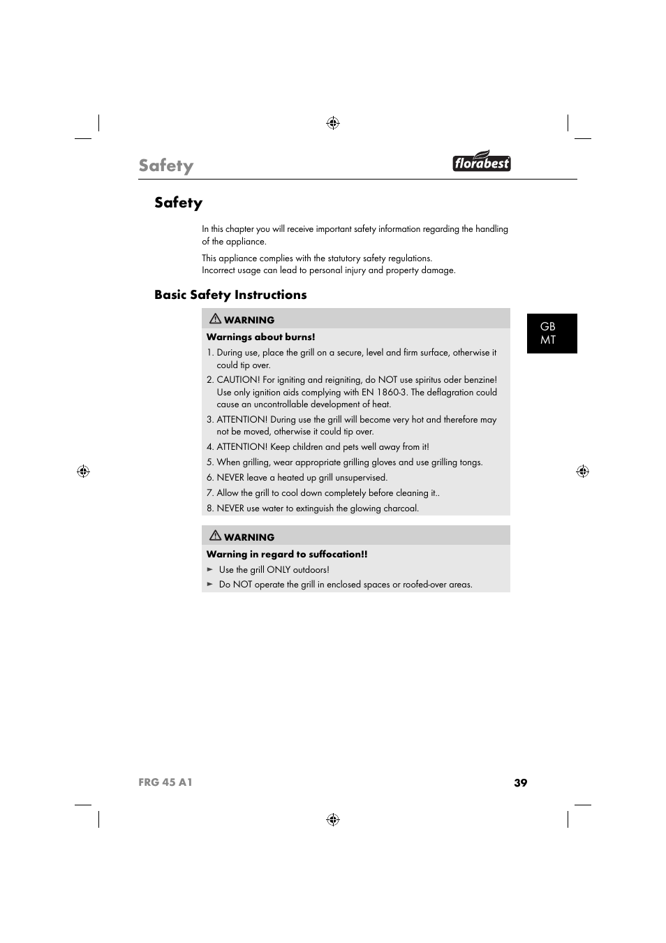 Safety, Basic safety instructions, Gb mt | Florabest FRG 45 A1 User Manual | Page 41 / 62