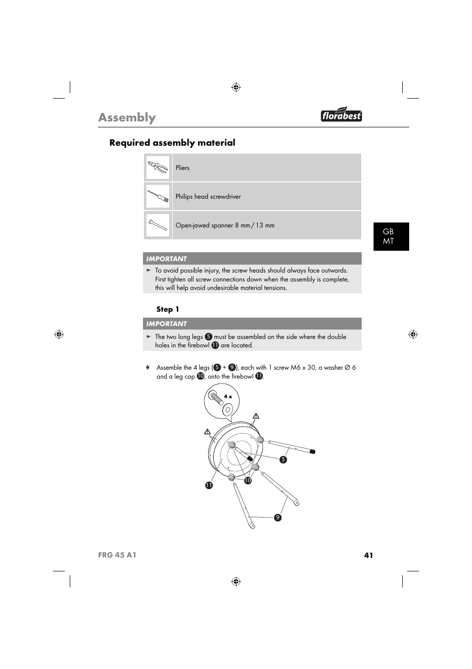 Assembly, Required assembly material, Gb mt | Florabest FRG 45 A1 User Manual | Page 43 / 62