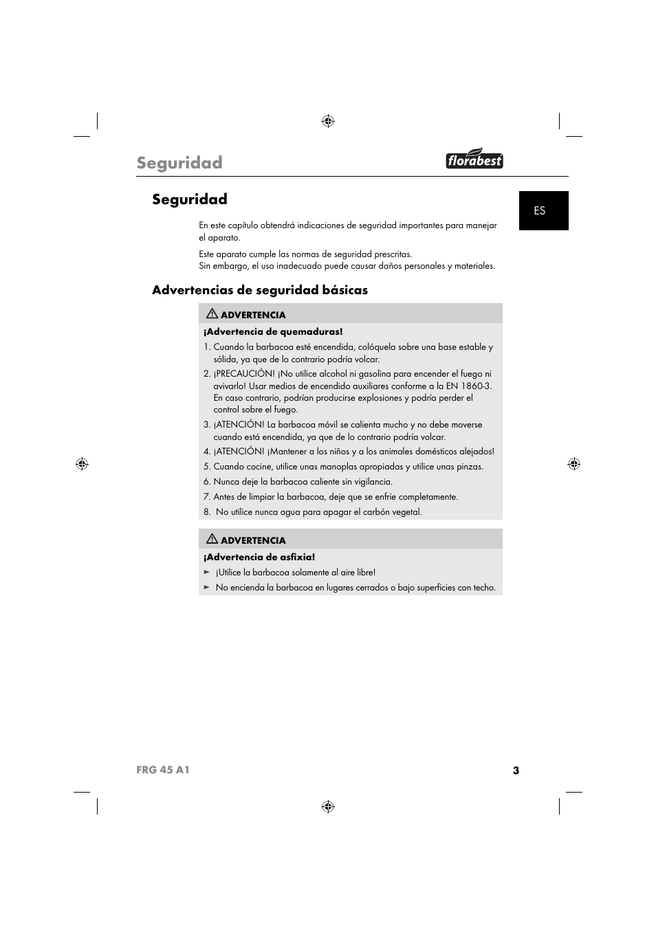 Seguridad, Advertencias de seguridad básicas | Florabest FRG 45 A1 User Manual | Page 5 / 62