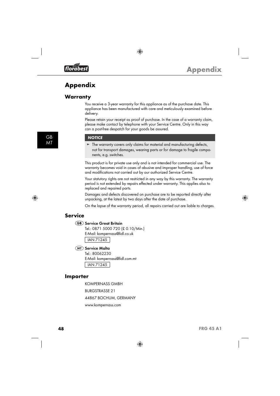 Appendix, Warranty, Service | Importer, Gb mt | Florabest FRG 45 A1 User Manual | Page 50 / 62