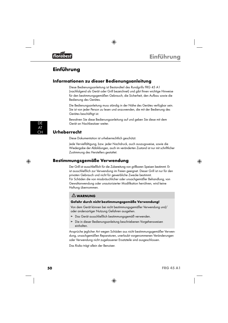 Einführung, Informationen zu dieser bedienungsanleitung, Urheberrecht | Bestimmungsgemäße verwendung, De at ch | Florabest FRG 45 A1 User Manual | Page 52 / 62