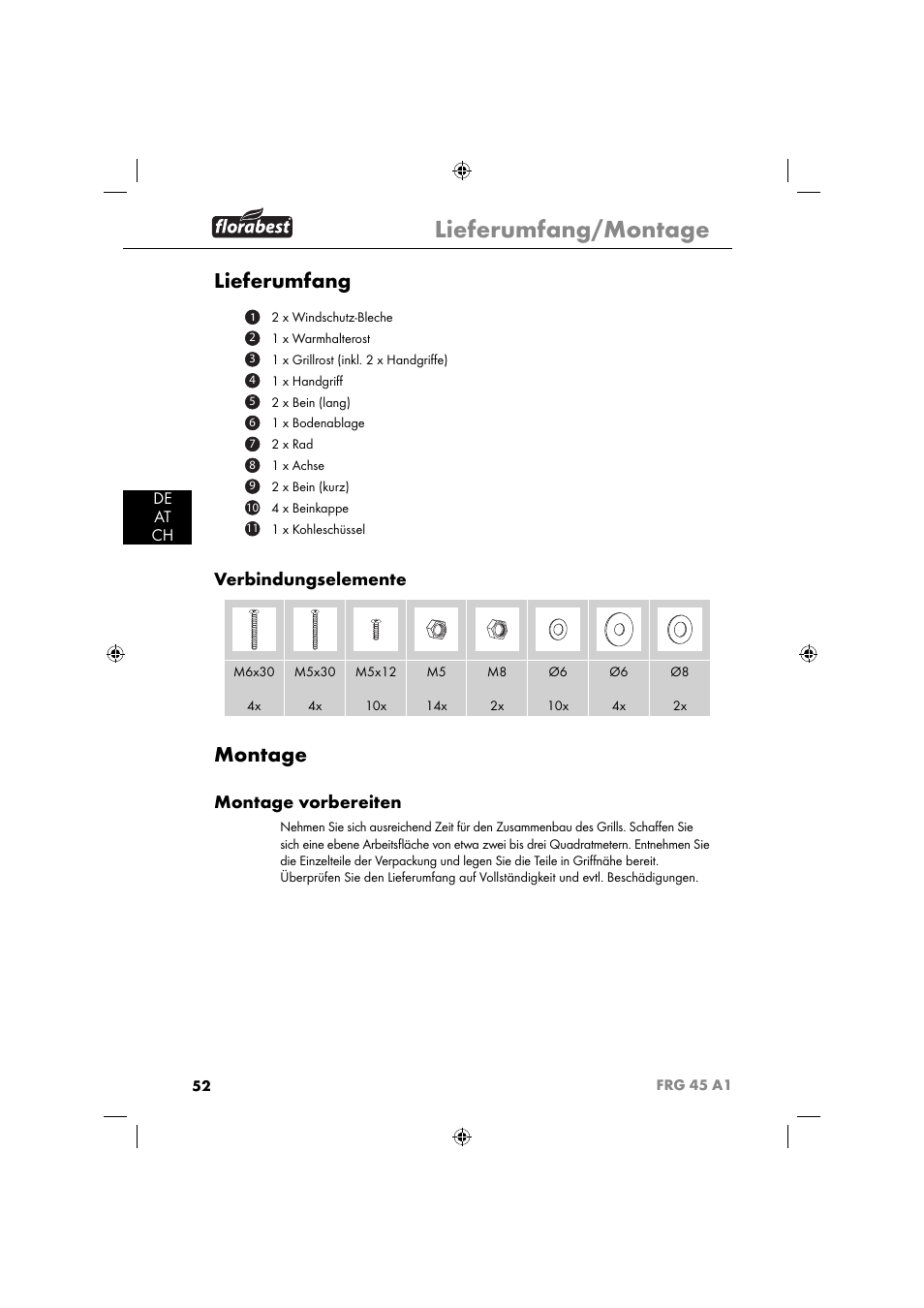 Lieferumfang/montage, Lieferumfang, Montage | Verbindungselemente, Montage vorbereiten, De at ch | Florabest FRG 45 A1 User Manual | Page 54 / 62