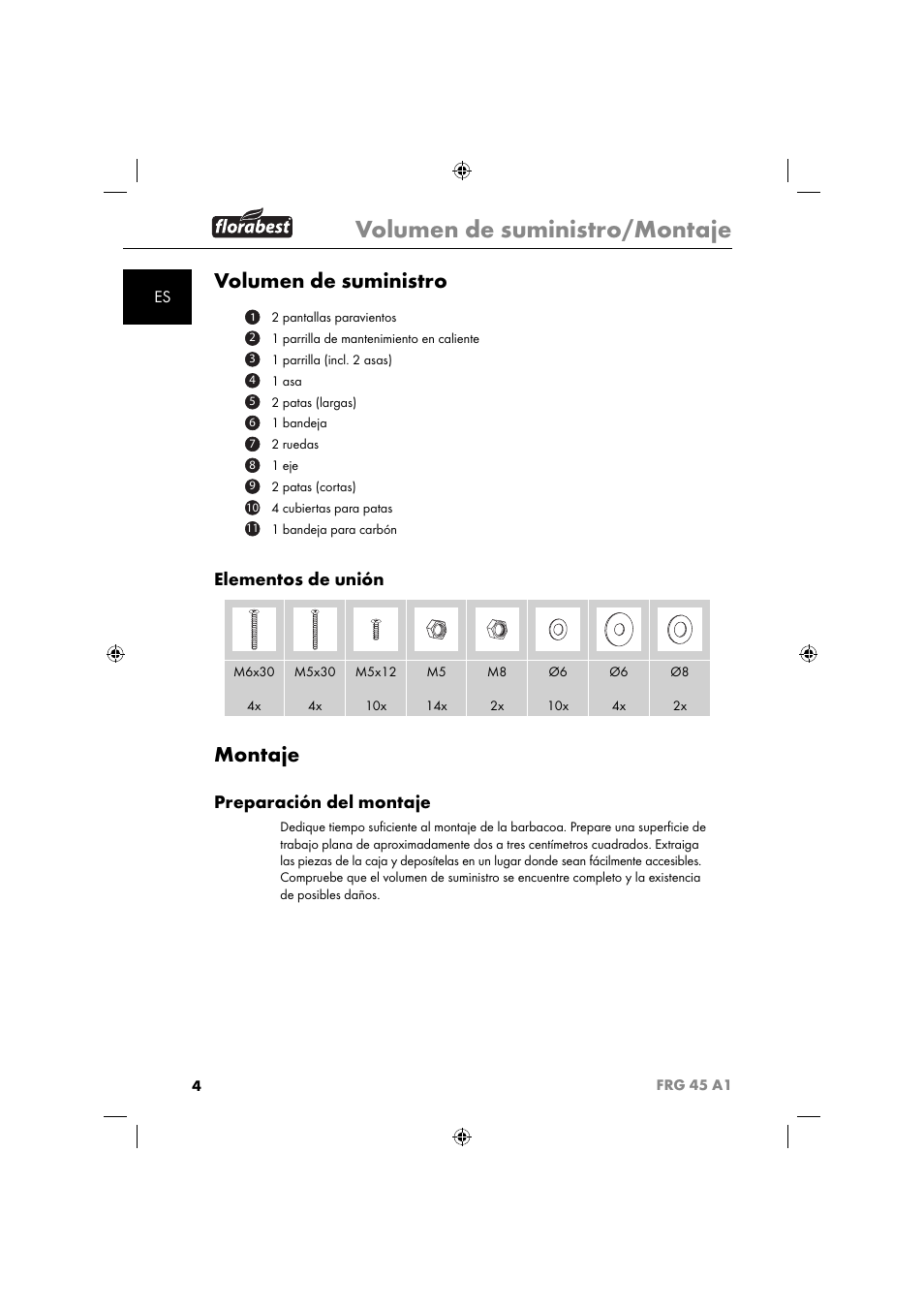 Volumen de suministro/montaje, Volumen de suministro, Montaje | Elementos de unión, Preparación del montaje | Florabest FRG 45 A1 User Manual | Page 6 / 62