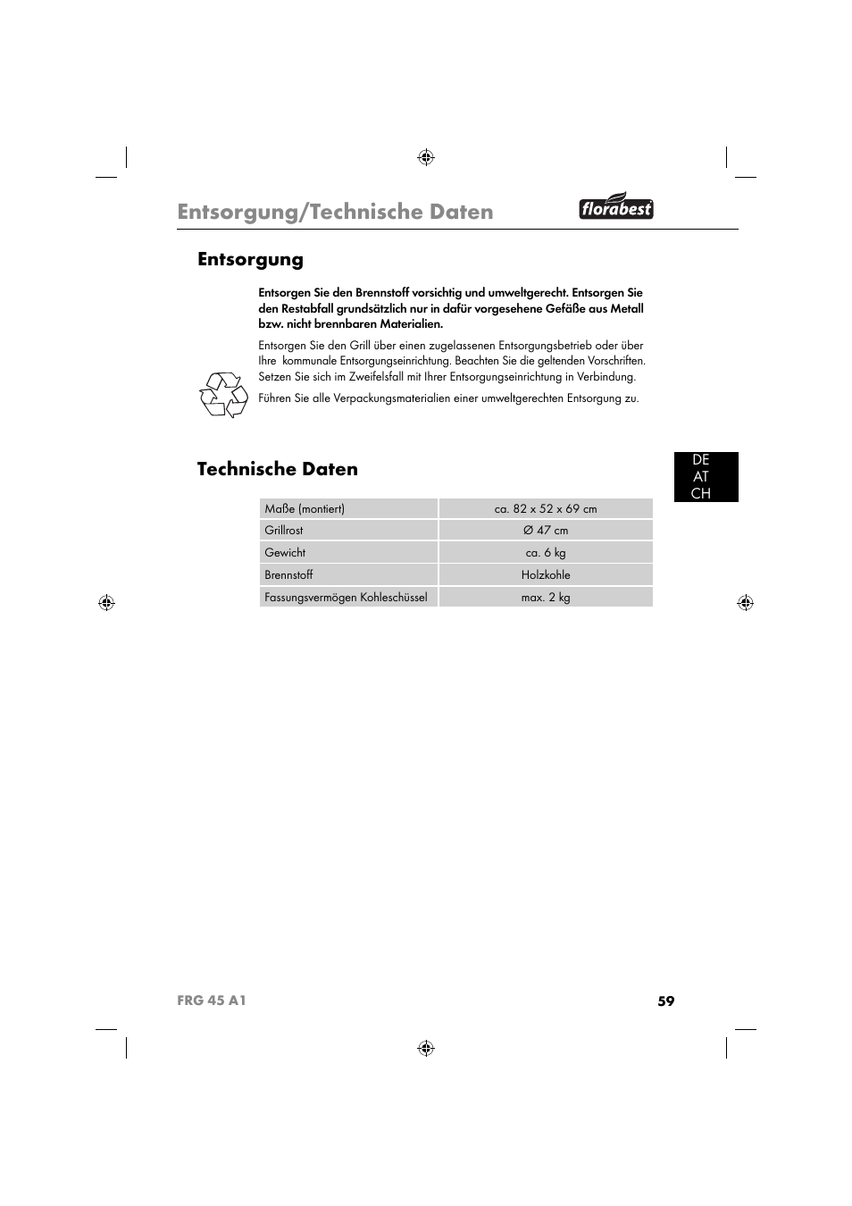 Entsorgung/technische daten, Entsorgung, Technische daten | De at ch | Florabest FRG 45 A1 User Manual | Page 61 / 62