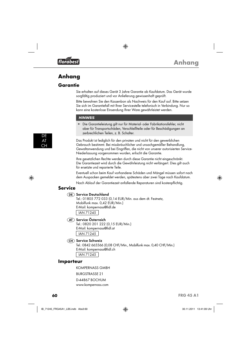 Anhang, Garantie, Service | Importeur, De at ch | Florabest FRG 45 A1 User Manual | Page 62 / 62