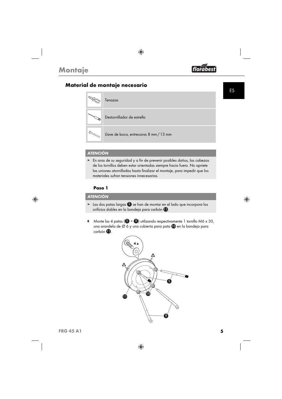 Montaje, Material de montaje necesario | Florabest FRG 45 A1 User Manual | Page 7 / 62