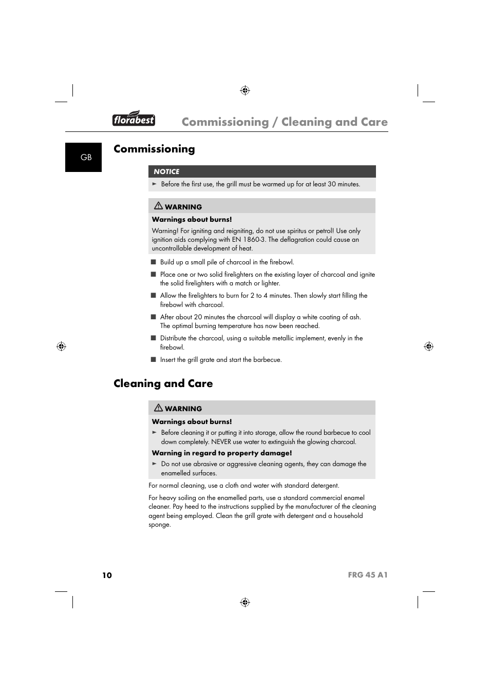 Commissioning / cleaning and care, Commissioning, Cleaning and care | Florabest FRG 45 A1 User Manual | Page 12 / 86
