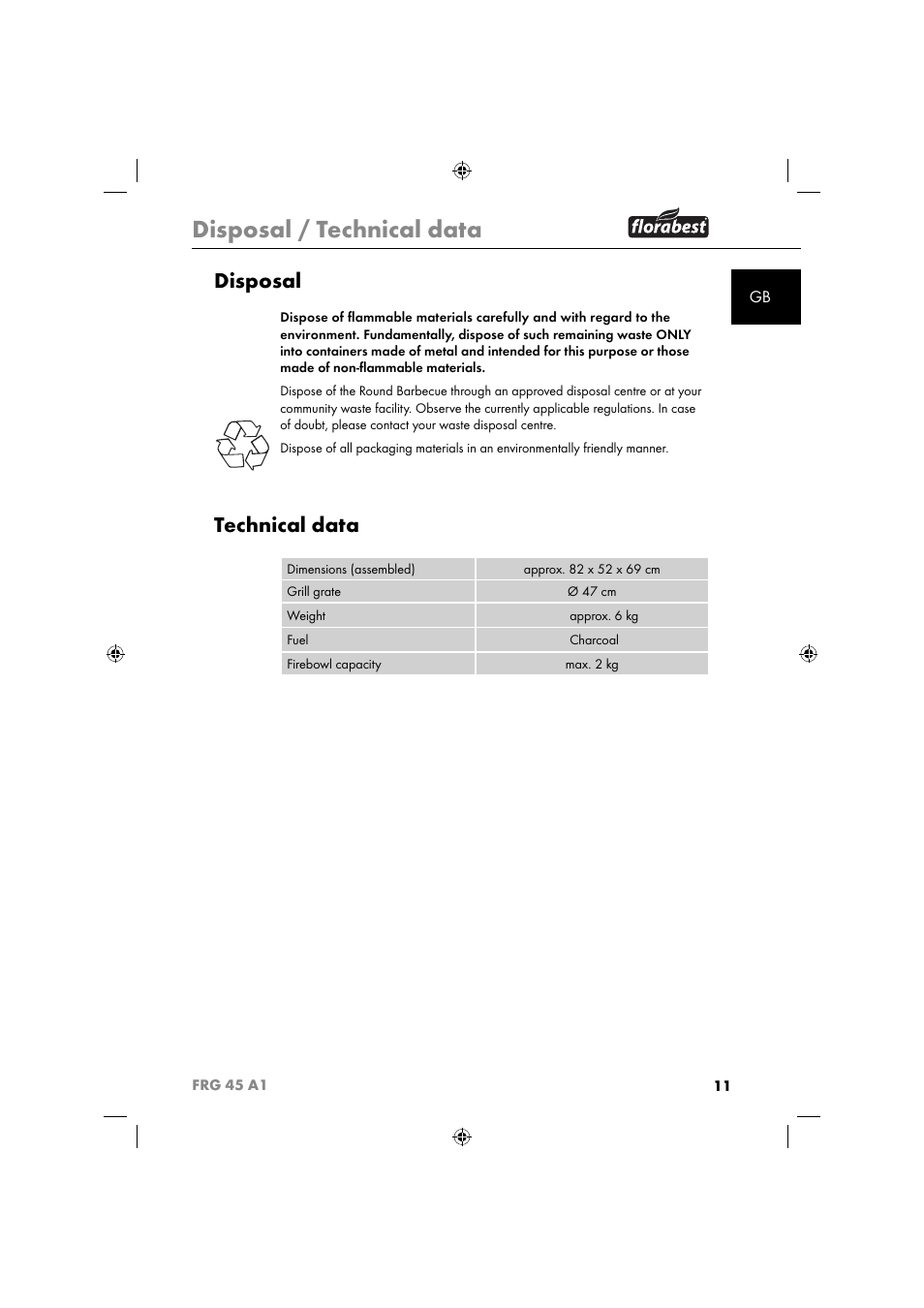 Disposal / technical data, Disposal, Technical data | Florabest FRG 45 A1 User Manual | Page 13 / 86