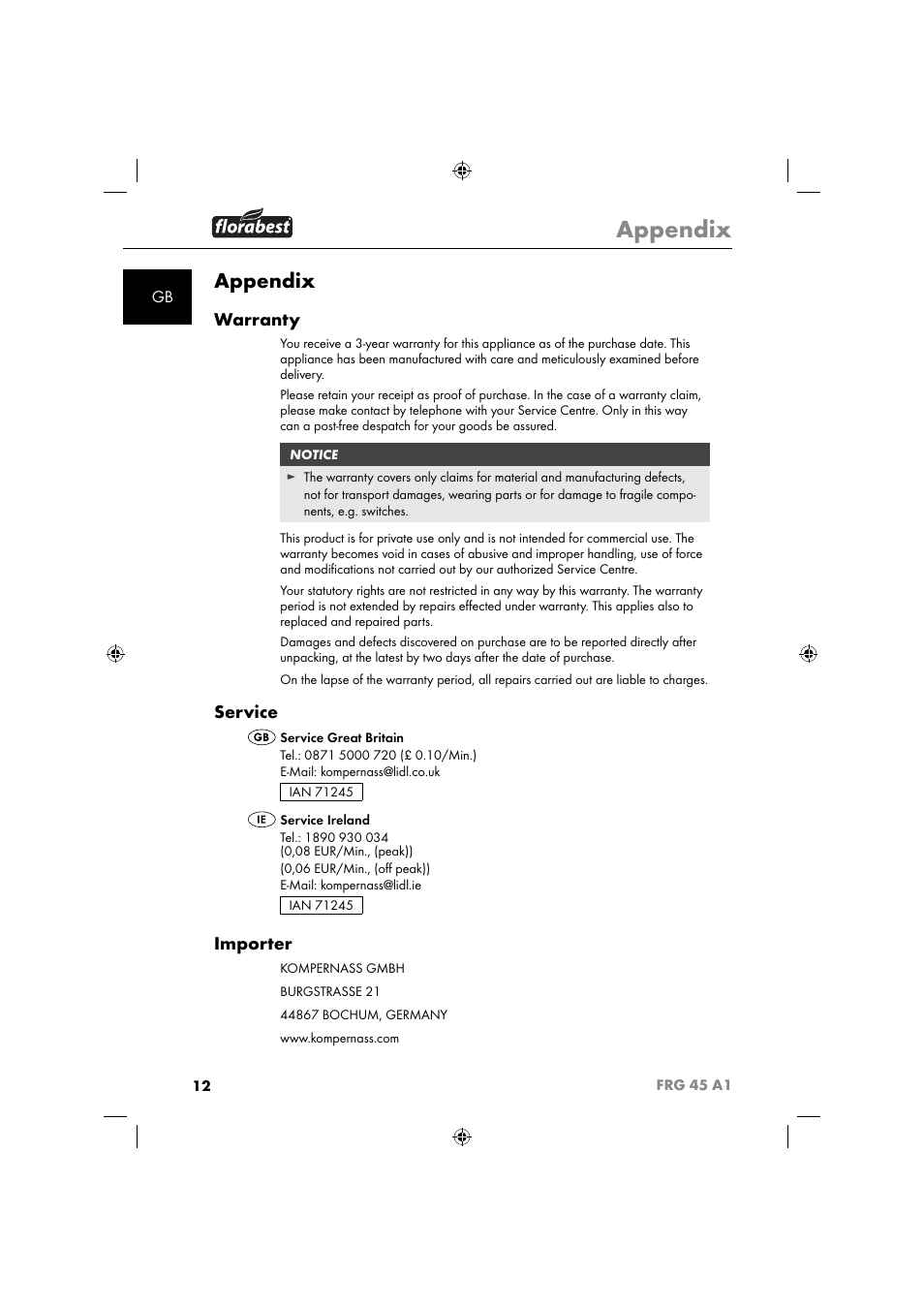 Appendix, Warranty, Service | Importer | Florabest FRG 45 A1 User Manual | Page 14 / 86