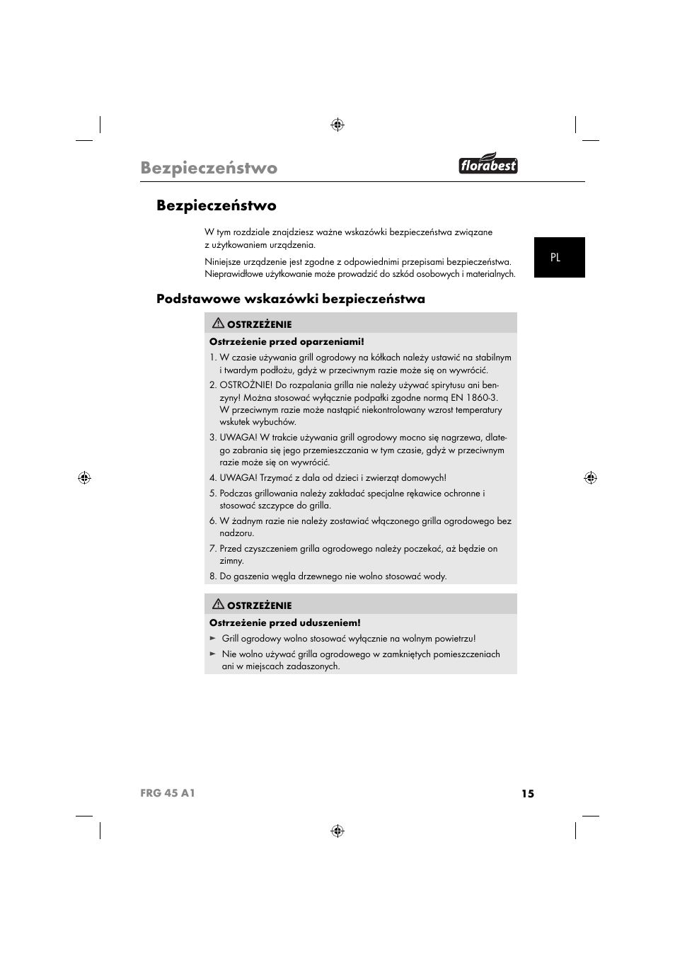 Bezpieczeństwo, Podstawowe wskazówki bezpieczeństwa | Florabest FRG 45 A1 User Manual | Page 17 / 86