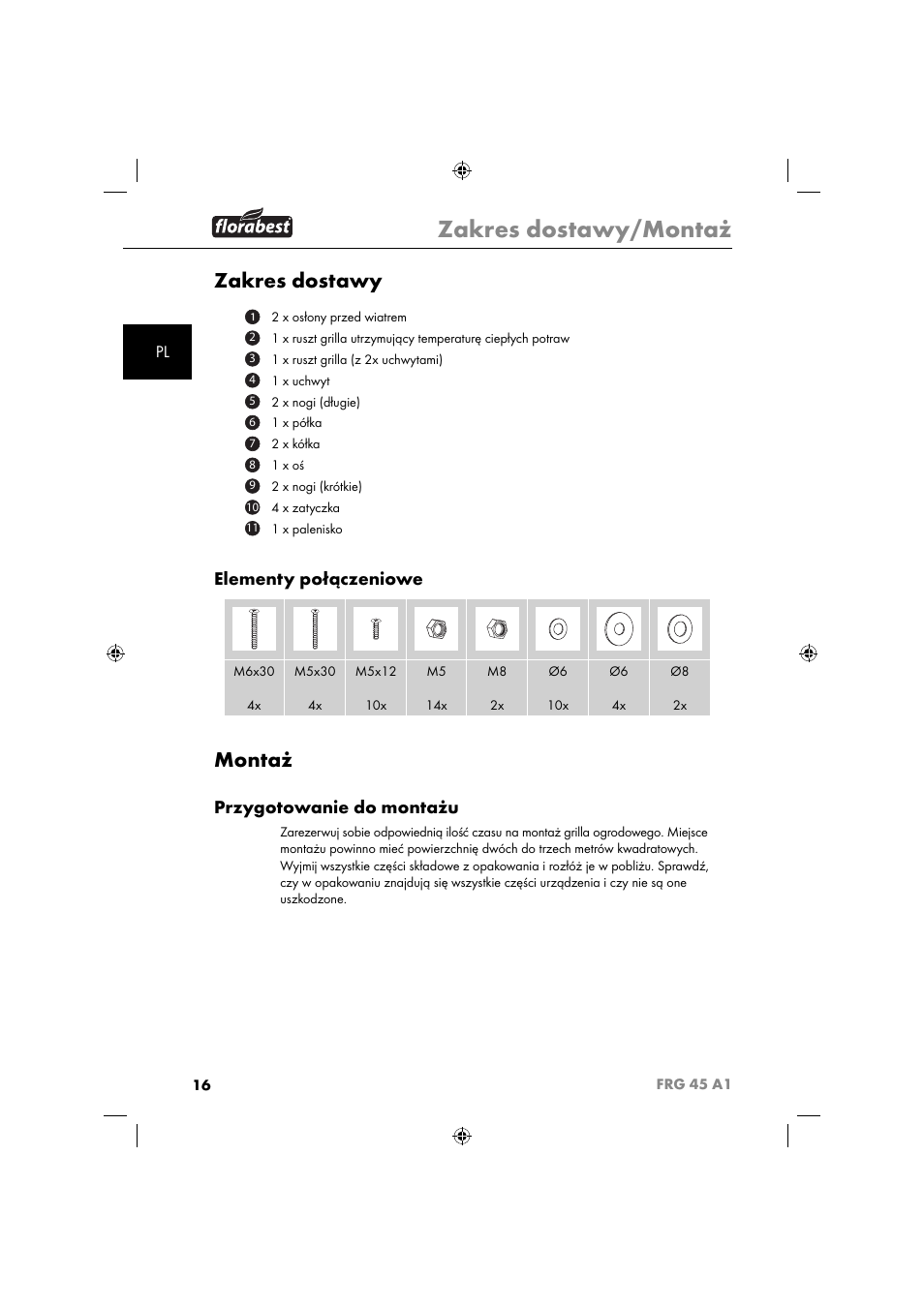 Zakres dostawy/montaż, Zakres dostawy, Montaż | Elementy połączeniowe, Przygotowanie do montażu | Florabest FRG 45 A1 User Manual | Page 18 / 86