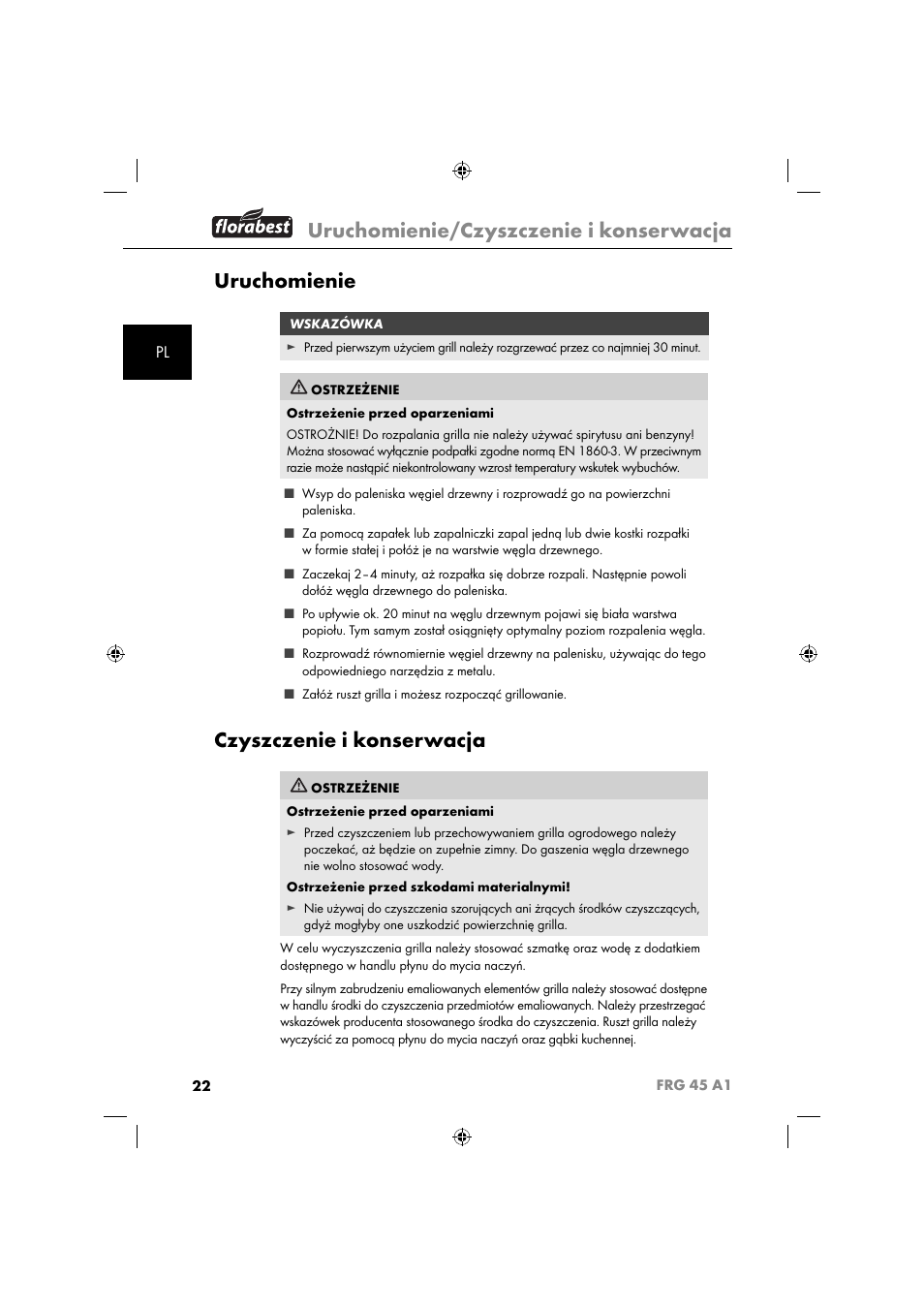 Uruchomienie/czyszczenie i konserwacja, Uruchomienie, Czyszczenie i konserwacja | Florabest FRG 45 A1 User Manual | Page 24 / 86