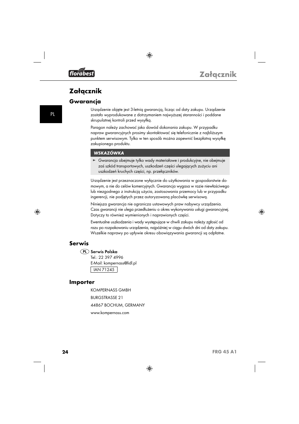 Załącznik, Gwarancja, Serwis | Importer | Florabest FRG 45 A1 User Manual | Page 26 / 86