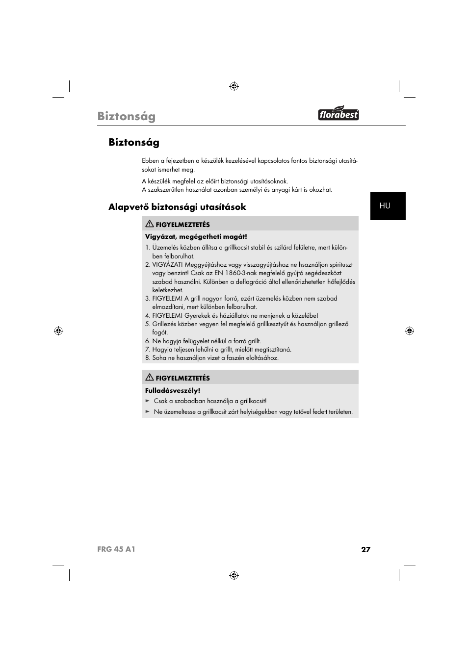 Biztonság, Alapvető biztonsági utasítások | Florabest FRG 45 A1 User Manual | Page 29 / 86