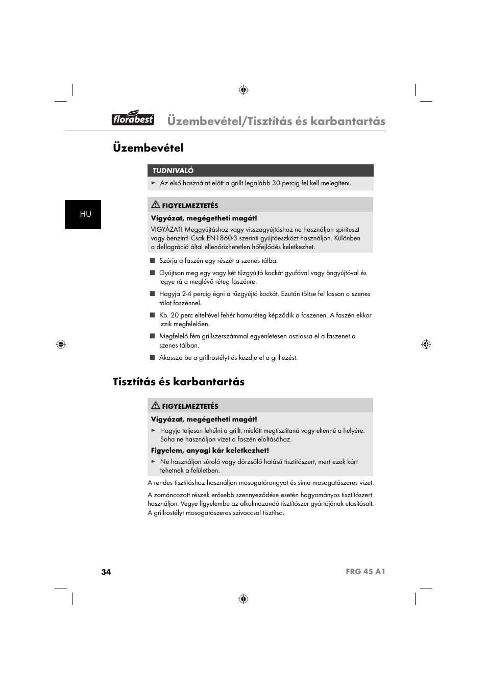 Üzembevétel/tisztítás és karbantartás, Üzembevétel, Tisztítás és karbantartás | Florabest FRG 45 A1 User Manual | Page 36 / 86