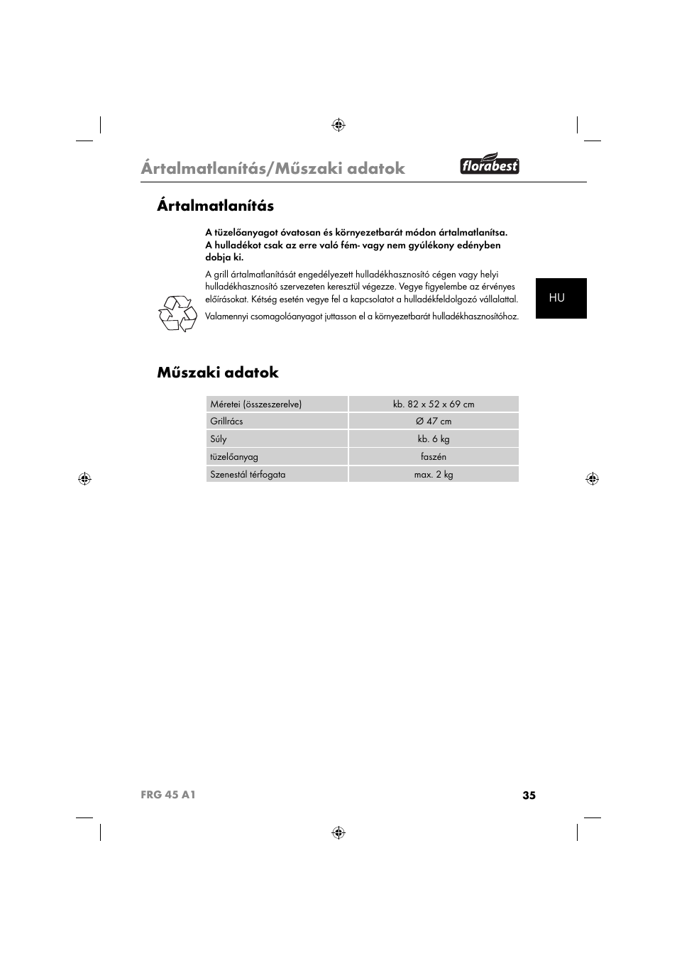 Ártalmatlanítás/műszaki adatok, Ártalmatlanítás, Műszaki adatok | Florabest FRG 45 A1 User Manual | Page 37 / 86