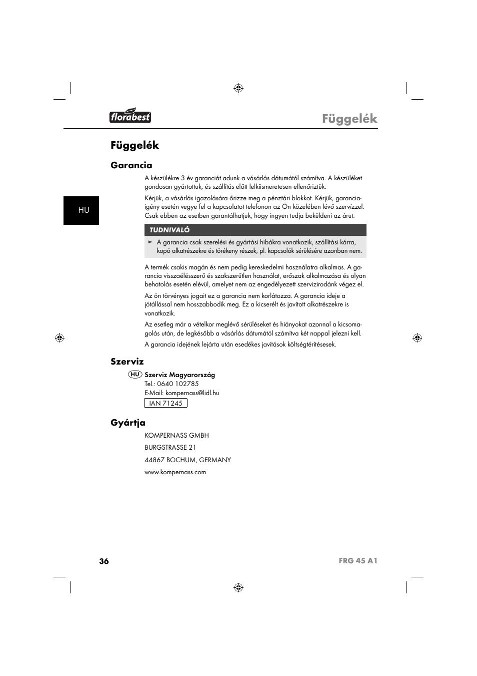Függelék, Garancia, Szerviz | Gyártja | Florabest FRG 45 A1 User Manual | Page 38 / 86