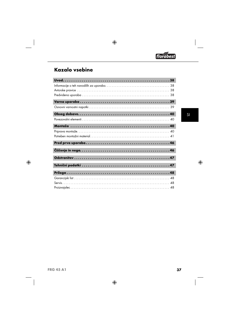 Kazalo vsebine | Florabest FRG 45 A1 User Manual | Page 39 / 86