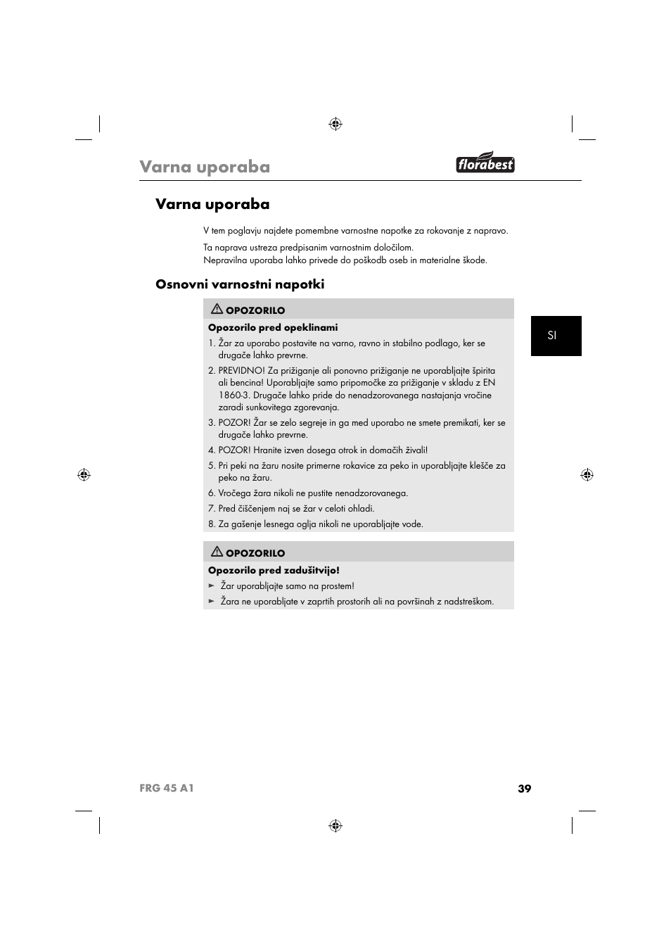 Varna uporaba, Osnovni varnostni napotki | Florabest FRG 45 A1 User Manual | Page 41 / 86