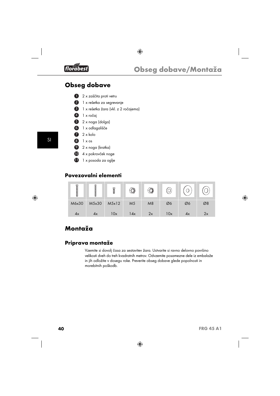 Obseg dobave/montaža, Obseg dobave, Montaža | Povezovalni elementi, Priprava montaže | Florabest FRG 45 A1 User Manual | Page 42 / 86
