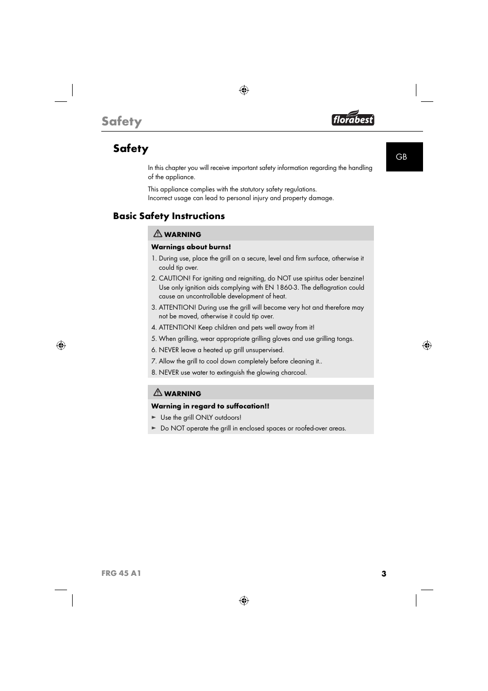 Safety, Basic safety instructions | Florabest FRG 45 A1 User Manual | Page 5 / 86