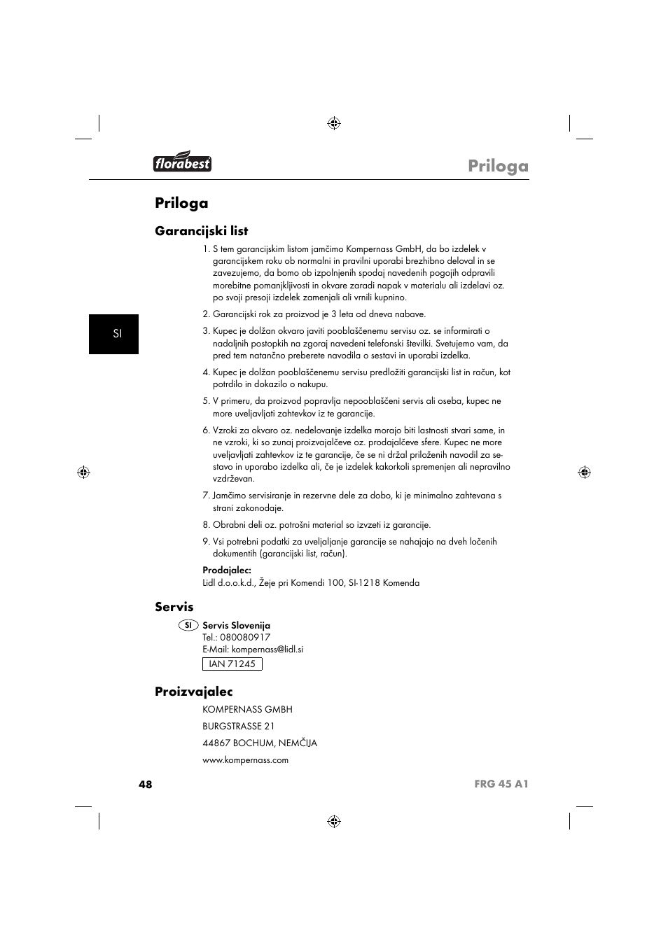 Priloga, Garancijski list, Servis | Proizvajalec | Florabest FRG 45 A1 User Manual | Page 50 / 86